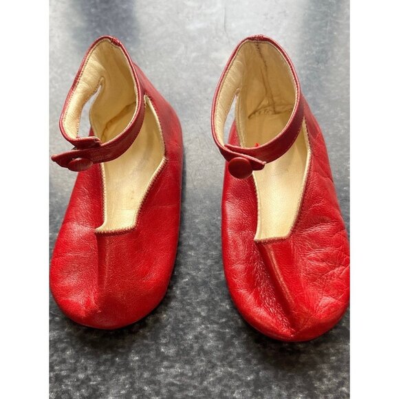 Vtg 1950's Red & Beige Handmade Baby Leather Shoes Ankle Strap Red Tiny Buttons